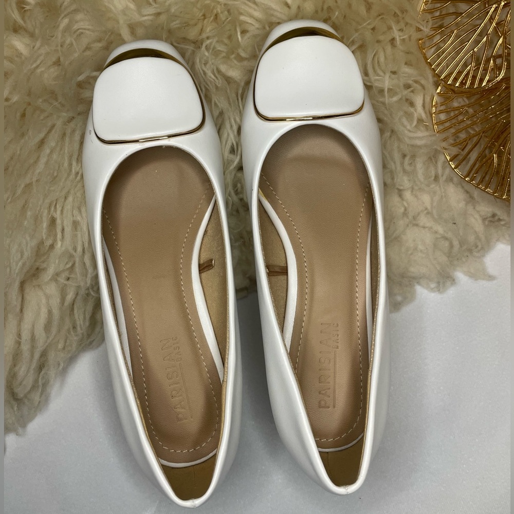 White Shoes with Gold Accent